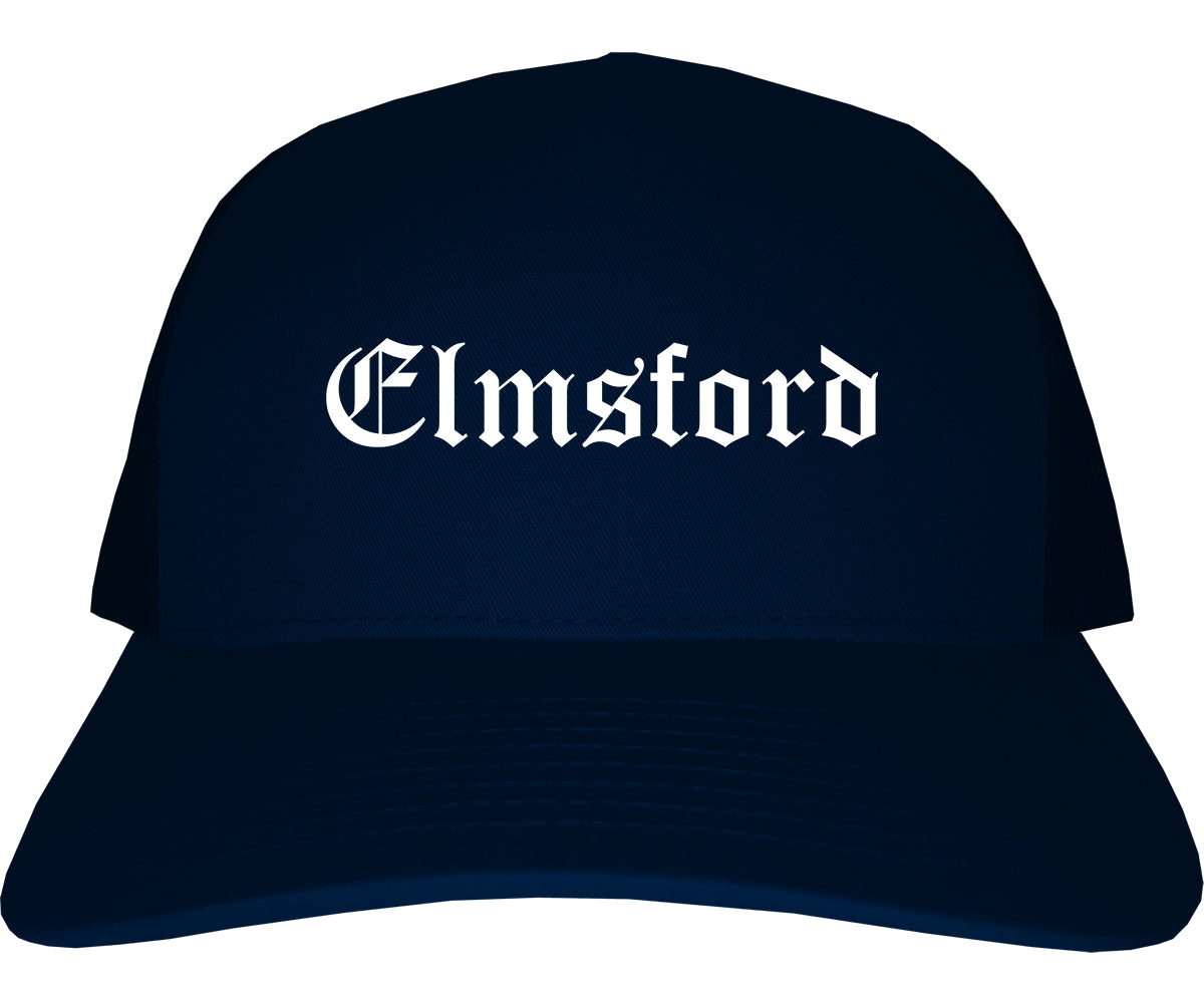 Elmsford New York NY Old English Mens Trucker Hat Cap Navy Blue