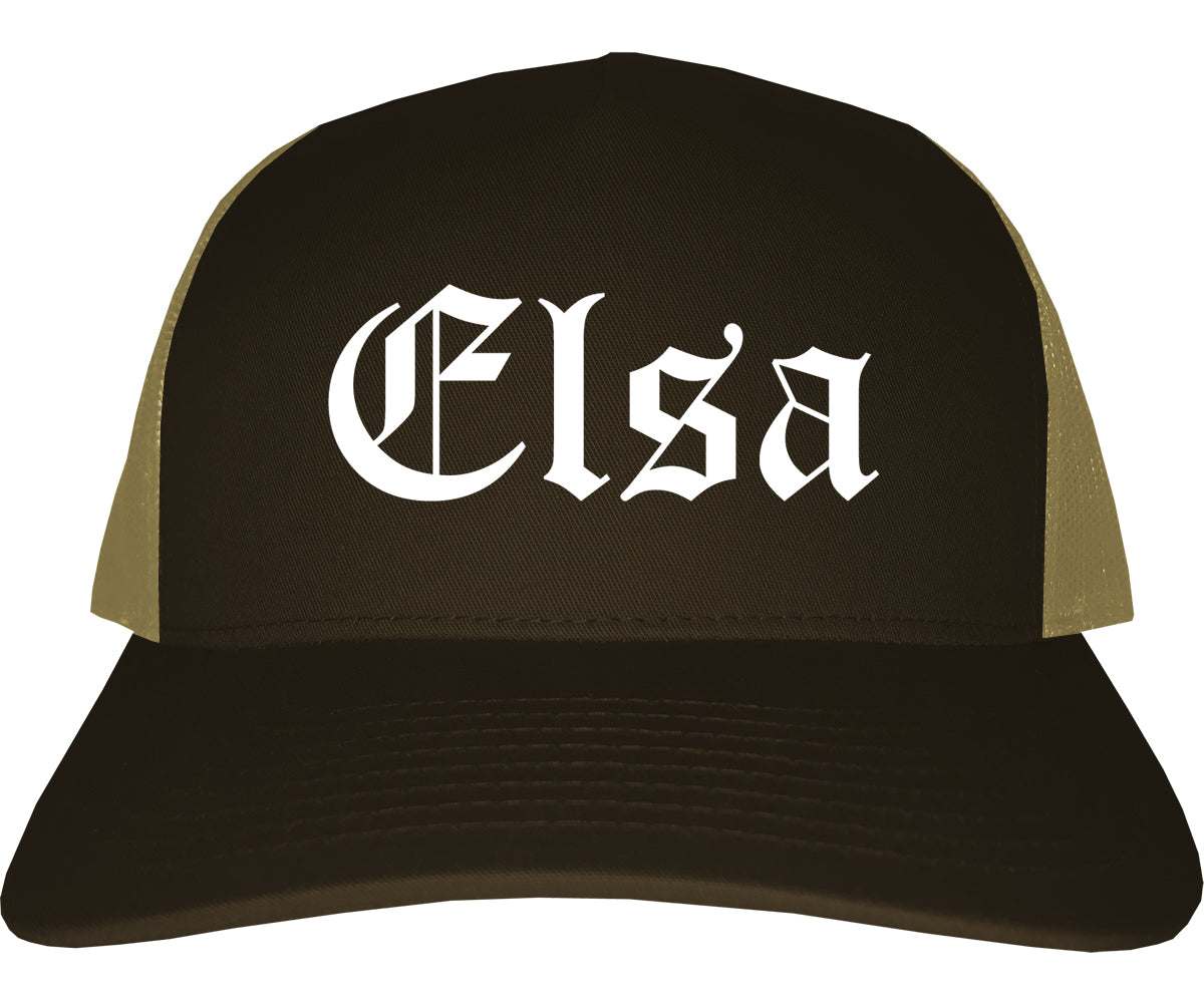 Elsa Texas TX Old English Mens Trucker Hat Cap Brown