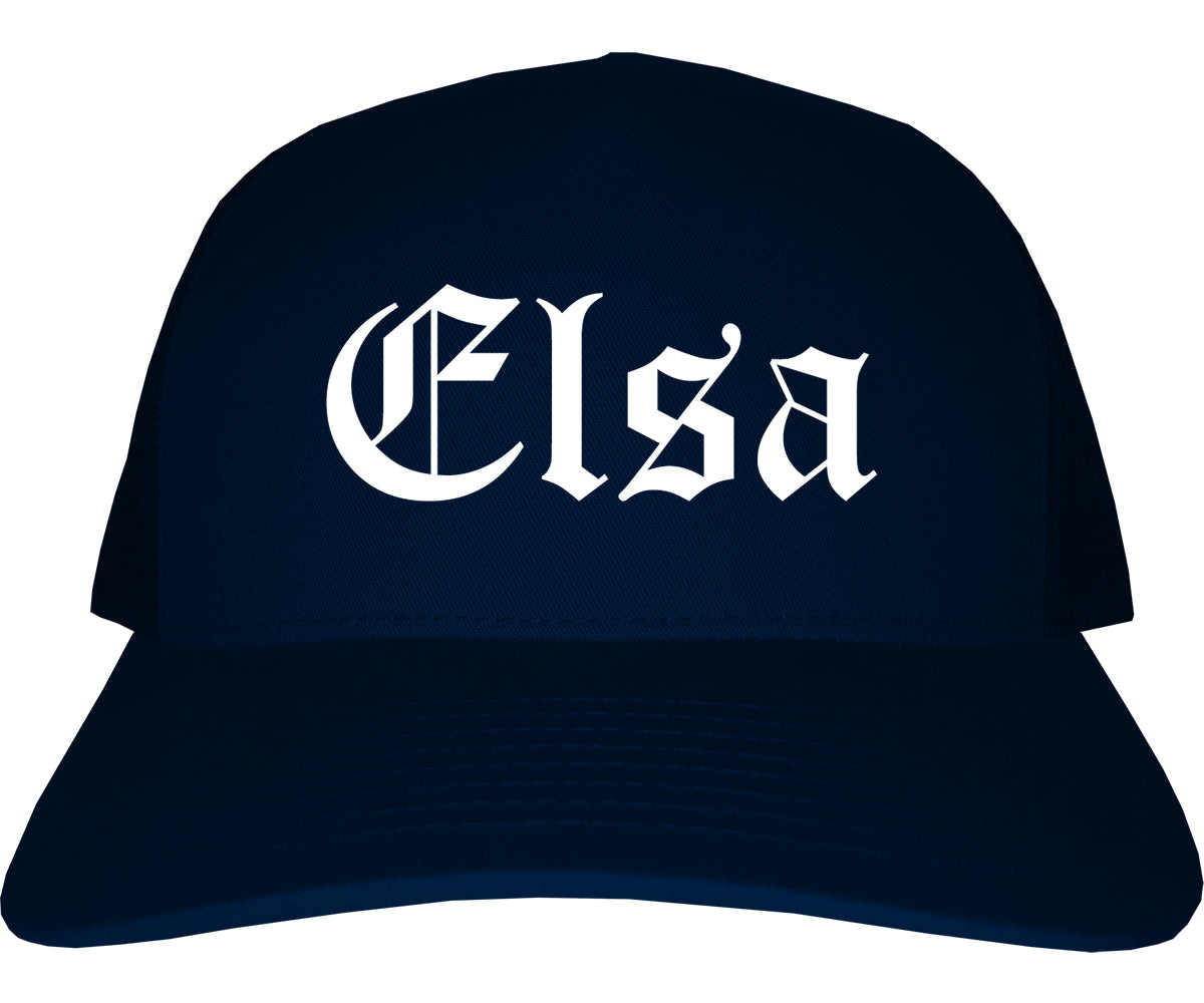 Elsa Texas TX Old English Mens Trucker Hat Cap Navy Blue