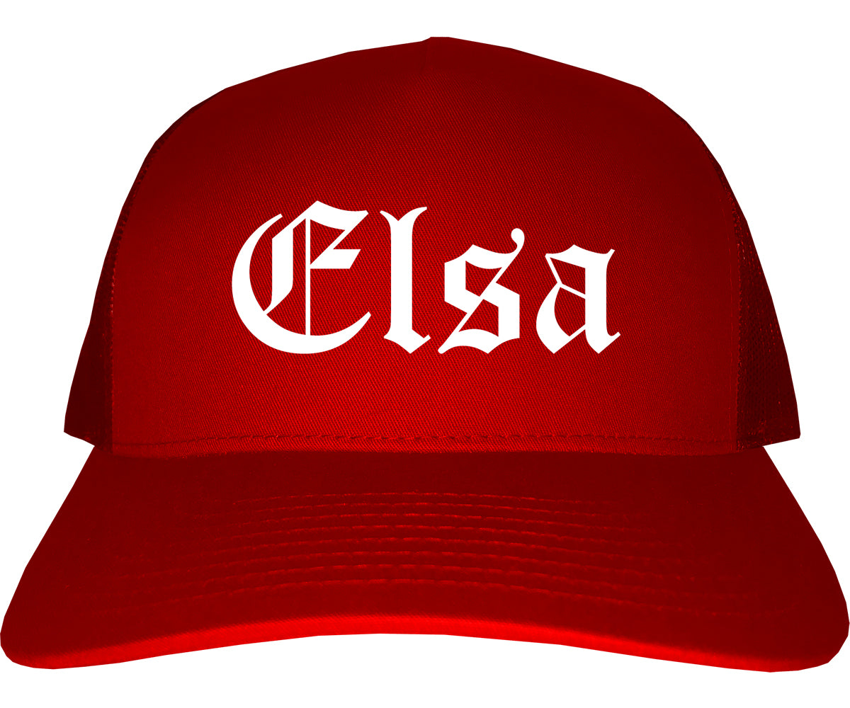 Elsa Texas TX Old English Mens Trucker Hat Cap Red
