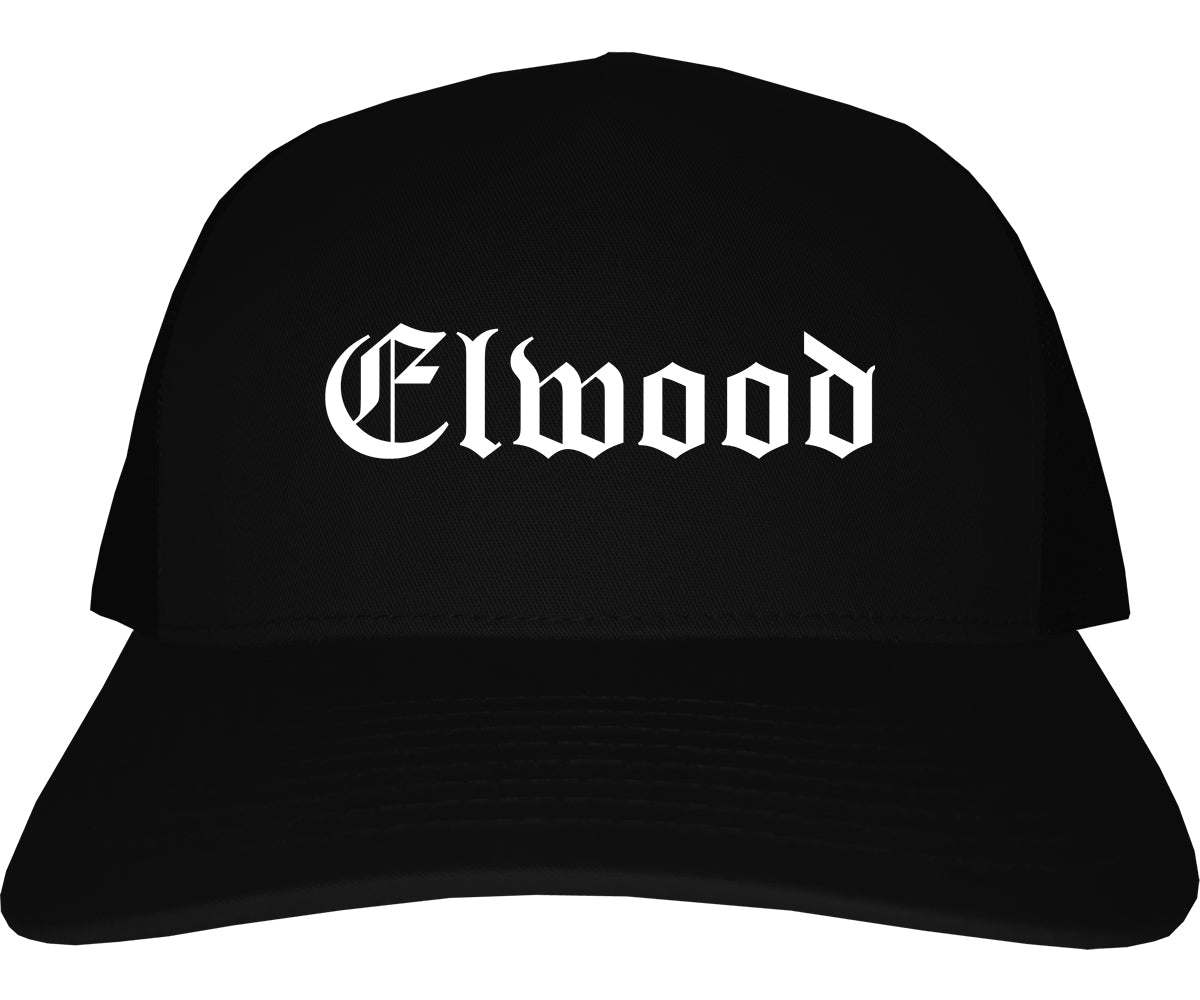 Elwood Indiana IN Old English Mens Trucker Hat Cap Black