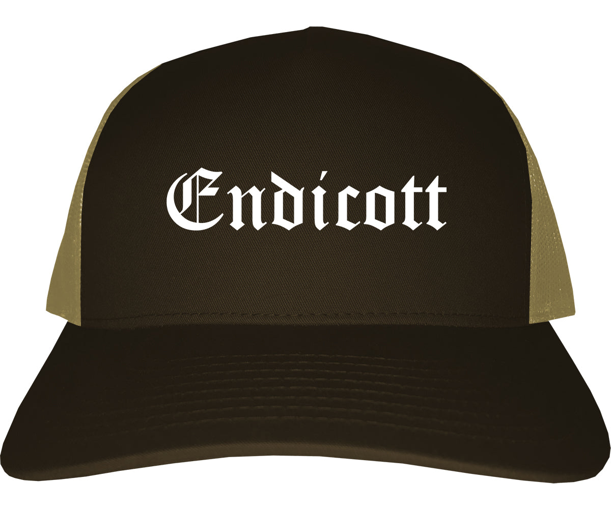 Endicott New York NY Old English Mens Trucker Hat Cap Brown