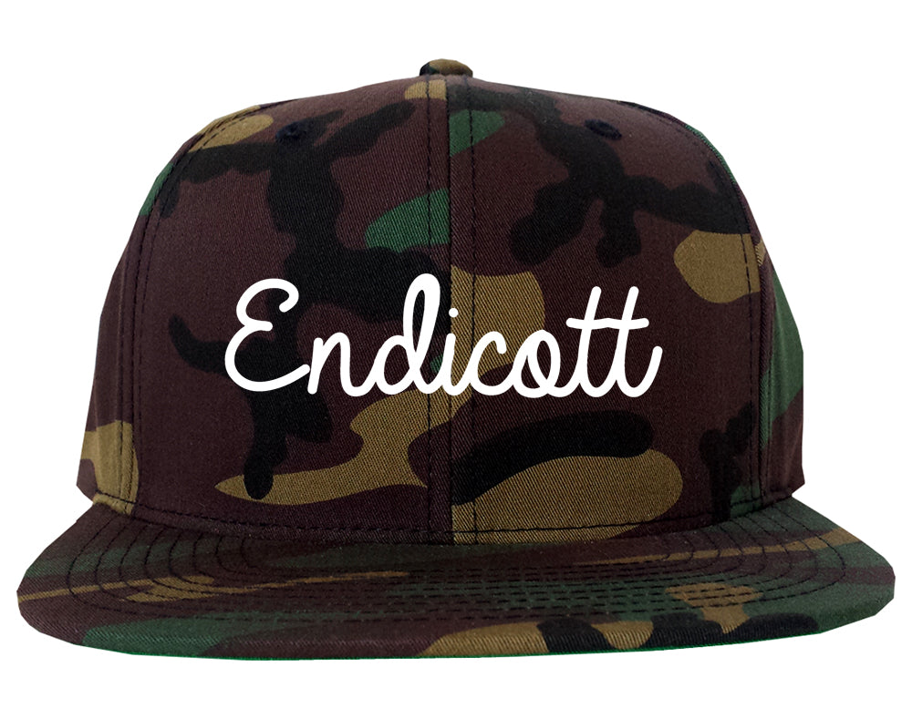 Endicott New York NY Script Mens Snapback Hat Army Camo