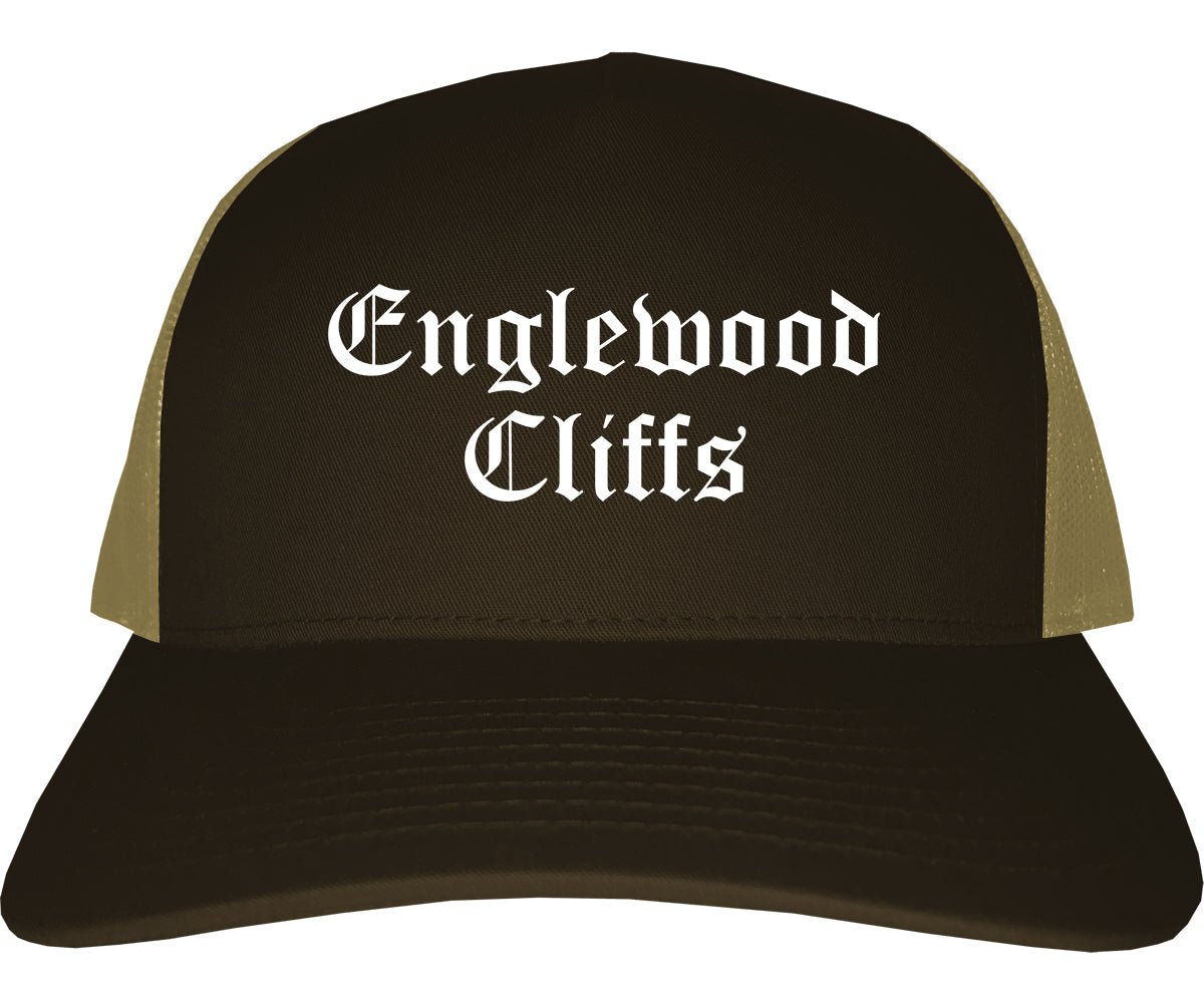 Englewood Cliffs New Jersey NJ Old English Mens Trucker Hat Cap Brown