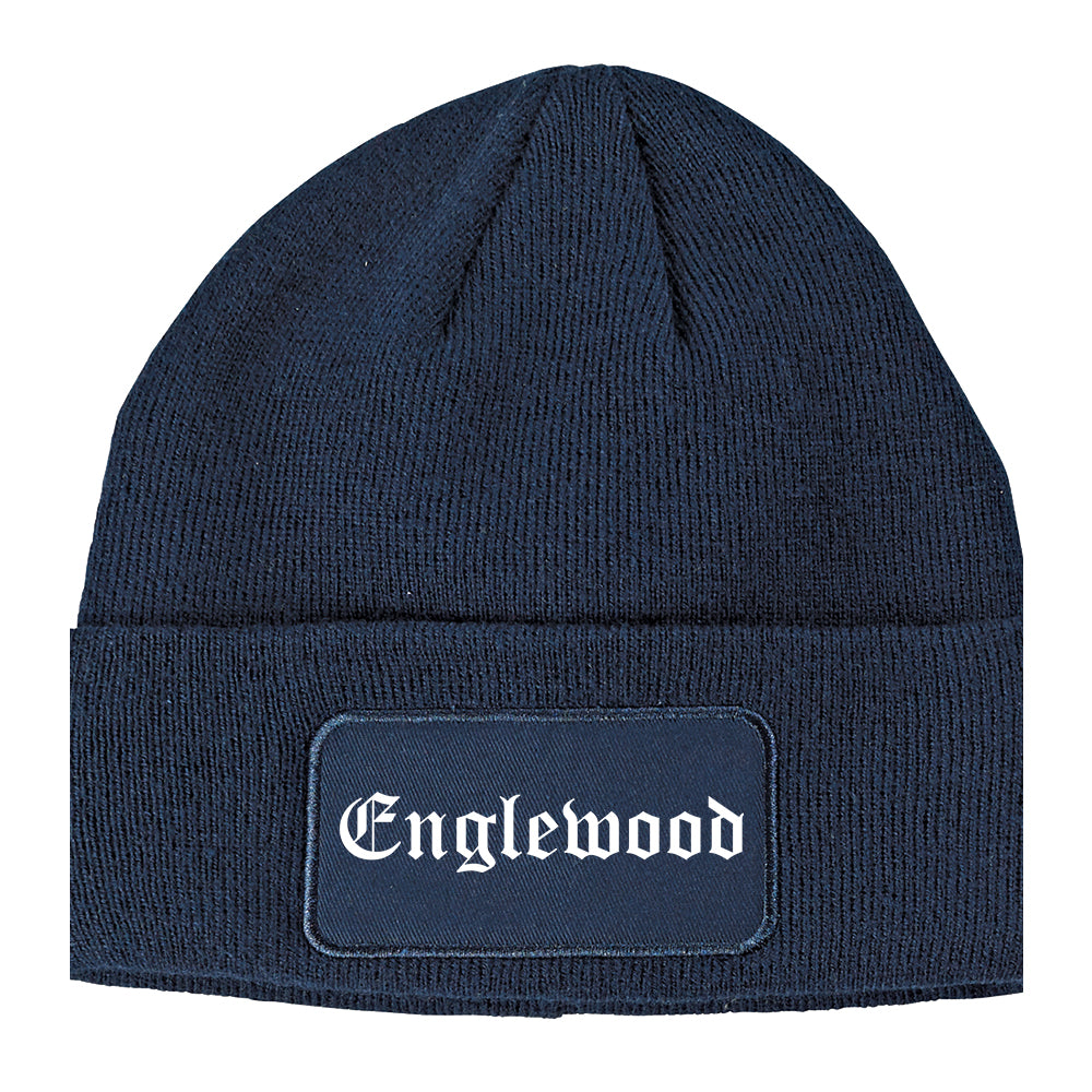 Englewood New Jersey NJ Old English Mens Knit Beanie Hat Cap Navy Blue