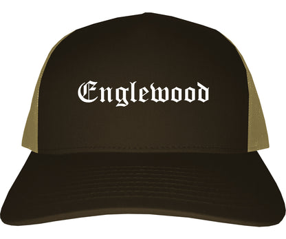 Englewood Ohio OH Old English Mens Trucker Hat Cap Brown