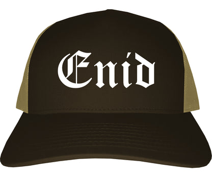 Enid Oklahoma OK Old English Mens Trucker Hat Cap Brown