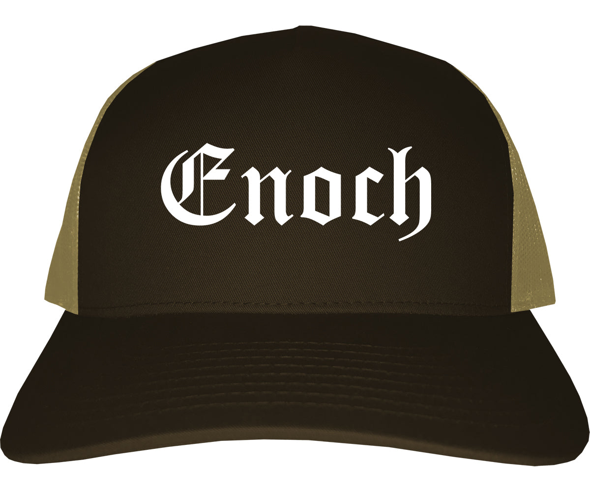 Enoch Utah UT Old English Mens Trucker Hat Cap Brown