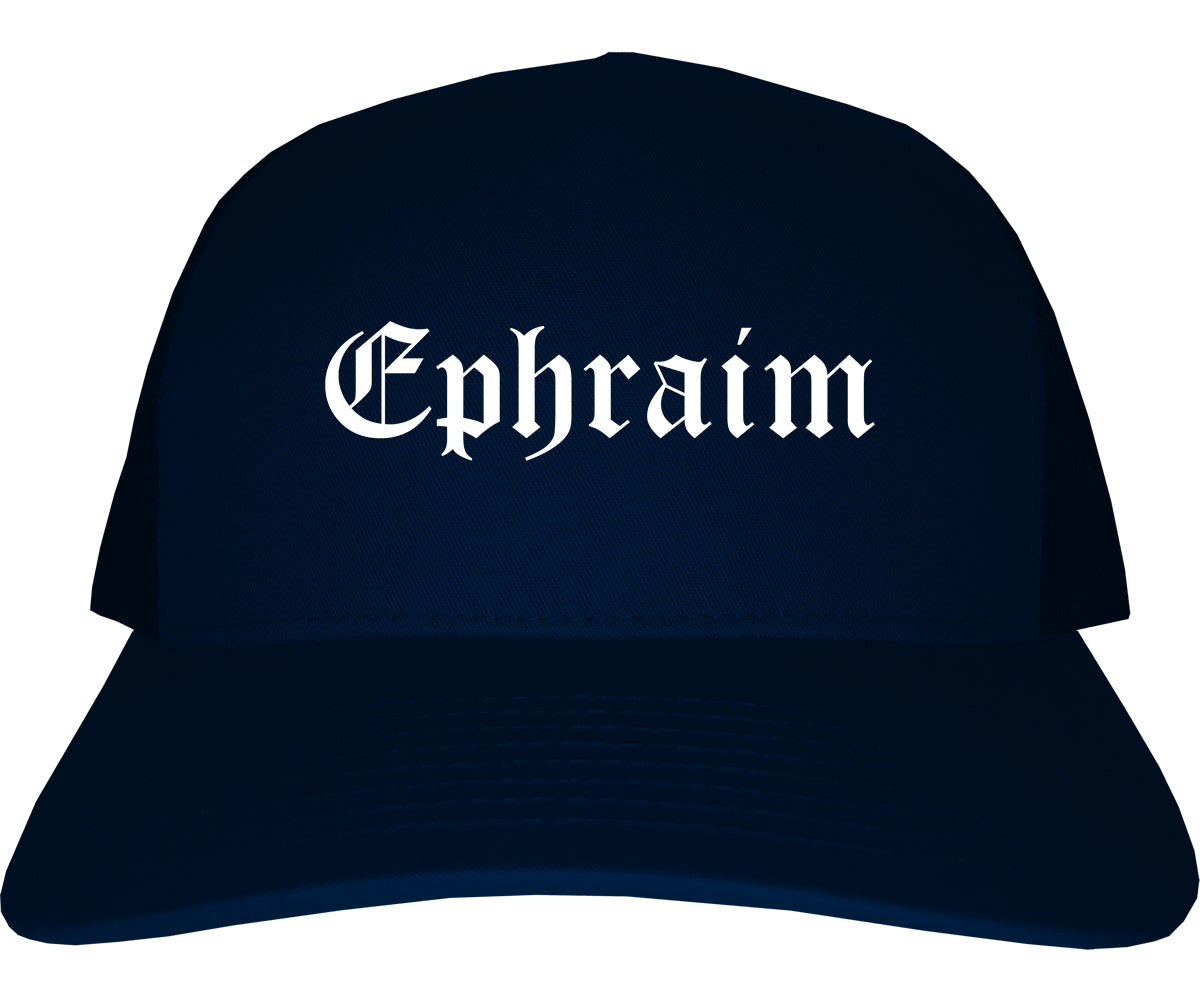 Ephraim Utah UT Old English Mens Trucker Hat Cap Navy Blue