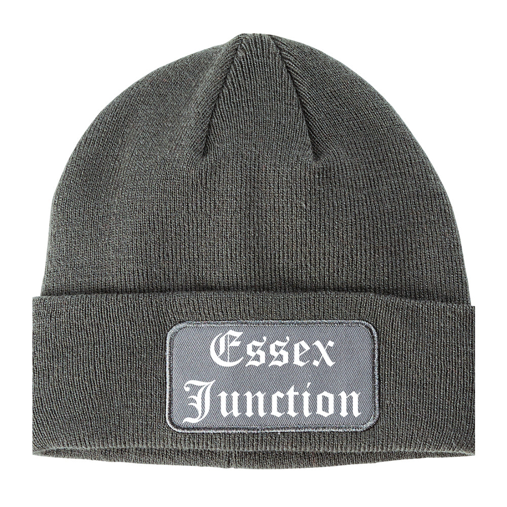 Essex Junction Vermont VT Old English Mens Knit Beanie Hat Cap Grey
