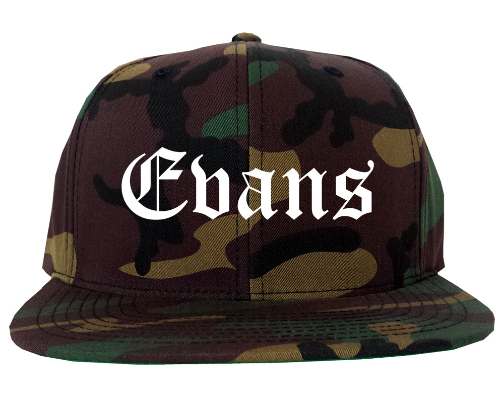 Evans Colorado CO Old English Mens Snapback Hat Army Camo