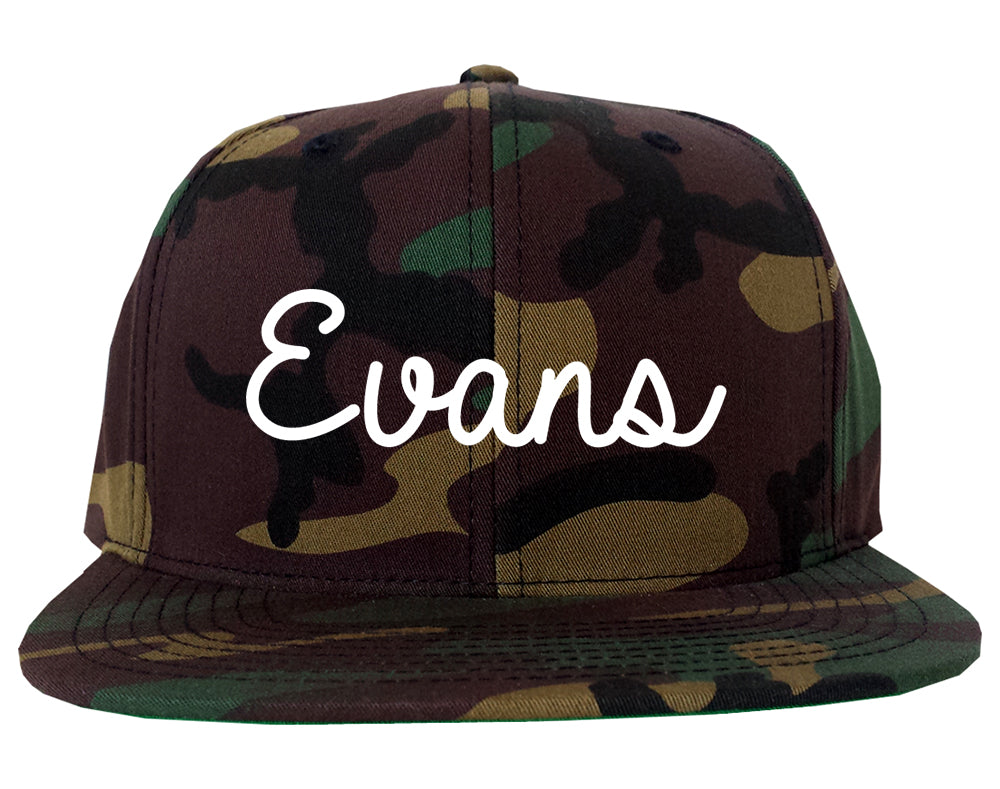 Evans Colorado CO Script Mens Snapback Hat Army Camo