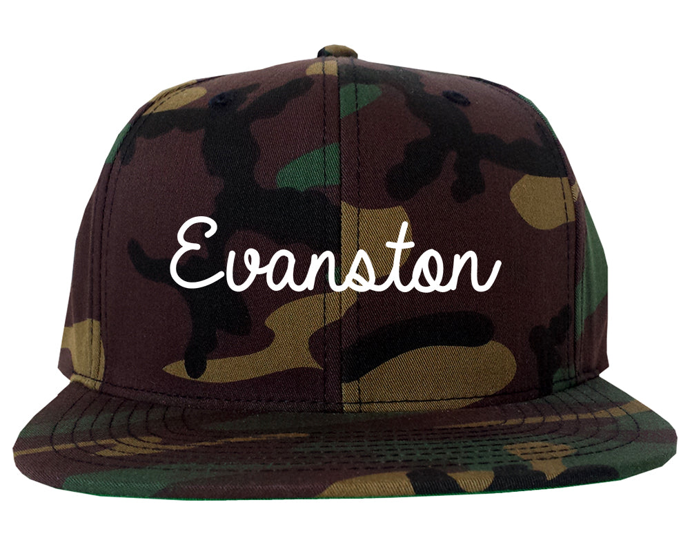 Evanston Wyoming WY Script Mens Snapback Hat Army Camo