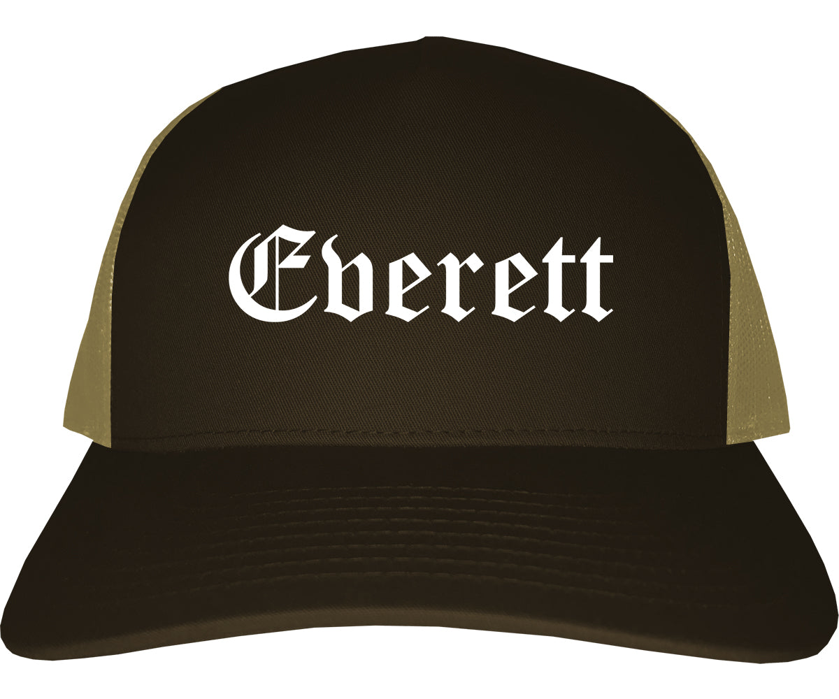 Everett Washington WA Old English Mens Trucker Hat Cap Brown