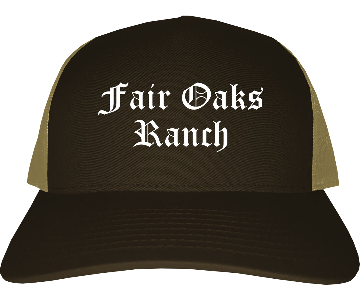 Fair Oaks Ranch Texas TX Old English Mens Trucker Hat Cap Brown