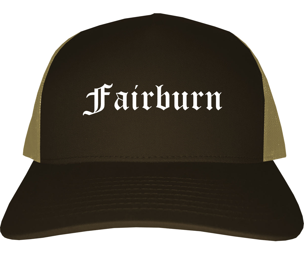 Fairburn Georgia GA Old English Mens Trucker Hat Cap Brown