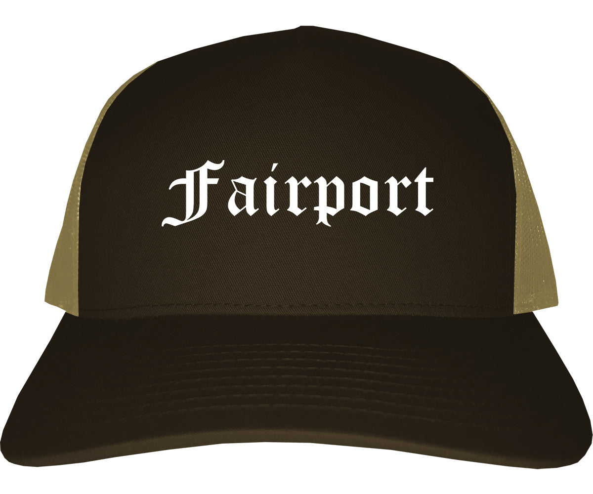 Fairport New York NY Old English Mens Trucker Hat Cap Brown