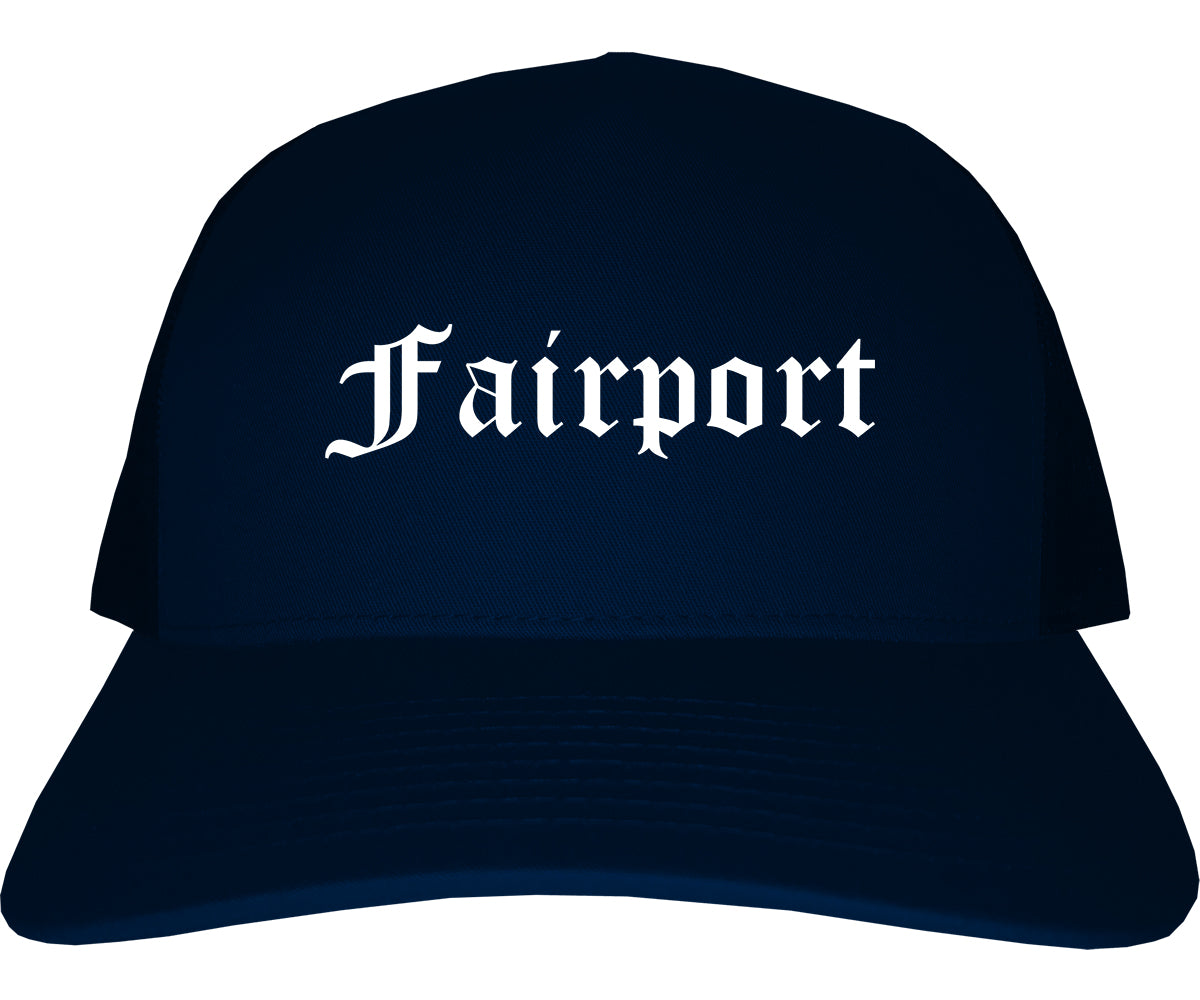 Fairport New York NY Old English Mens Trucker Hat Cap Navy Blue