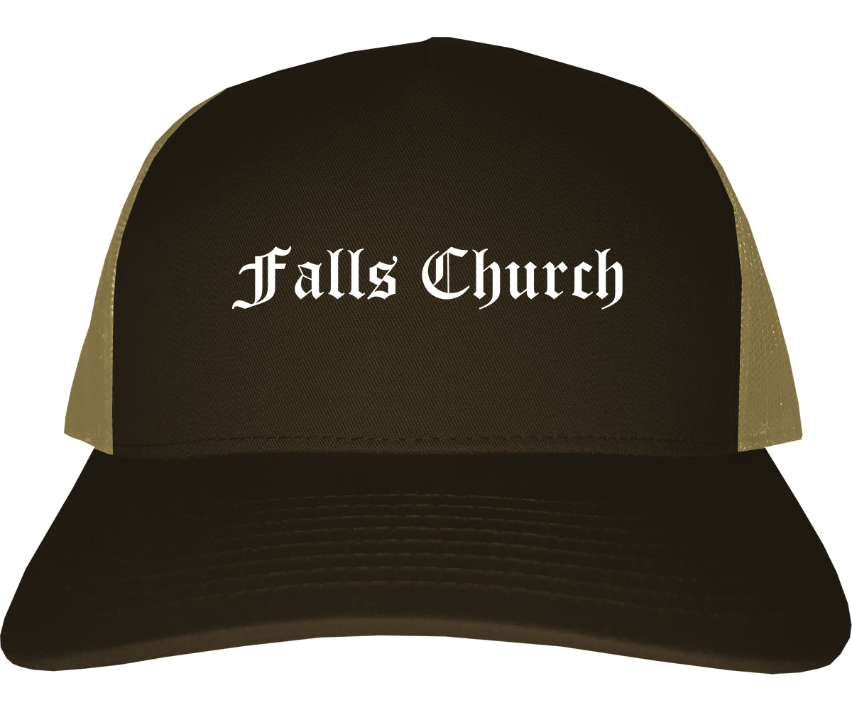 Falls Church Virginia VA Old English Mens Trucker Hat Cap Brown