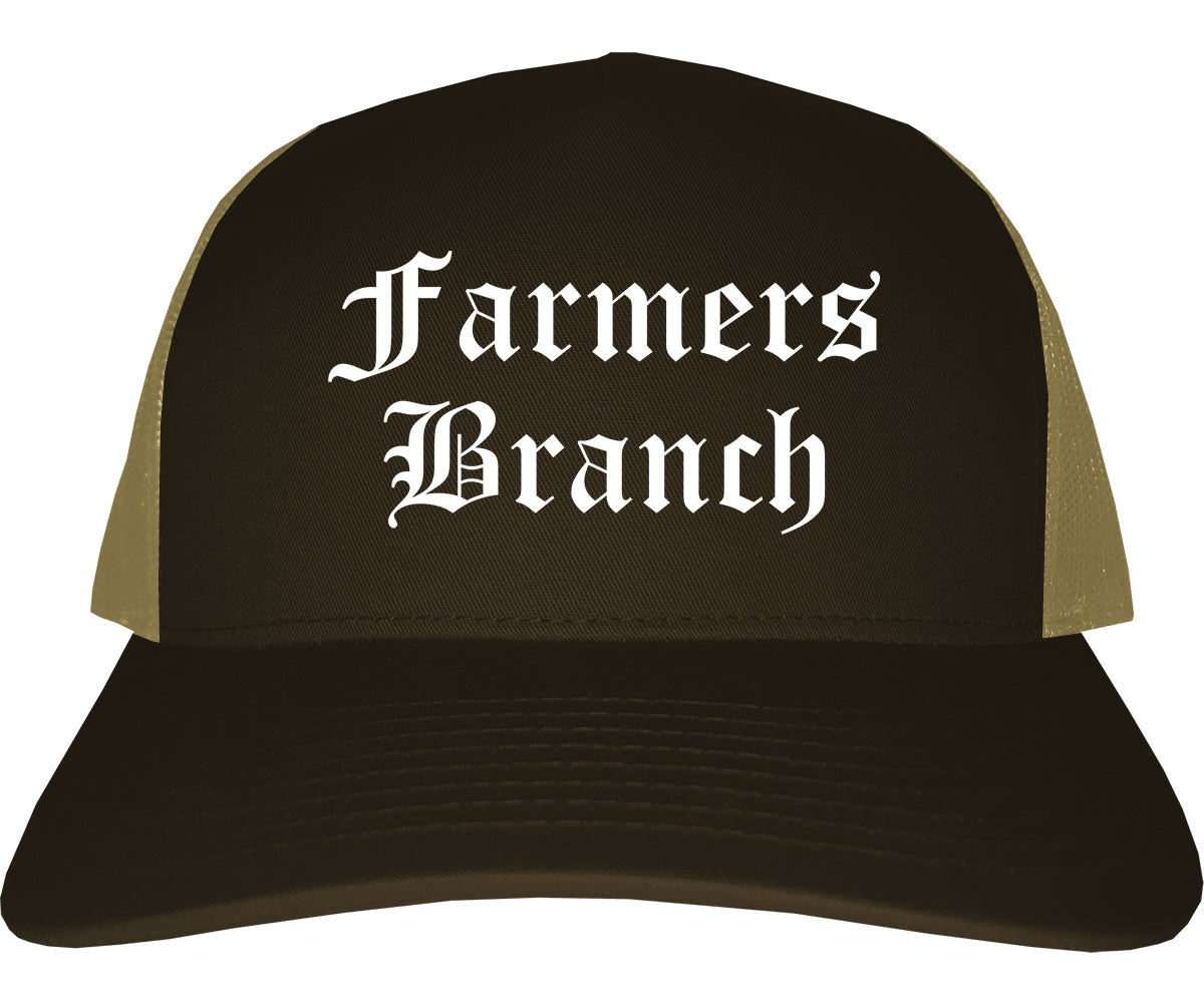 Farmers Branch Texas TX Old English Mens Trucker Hat Cap Brown