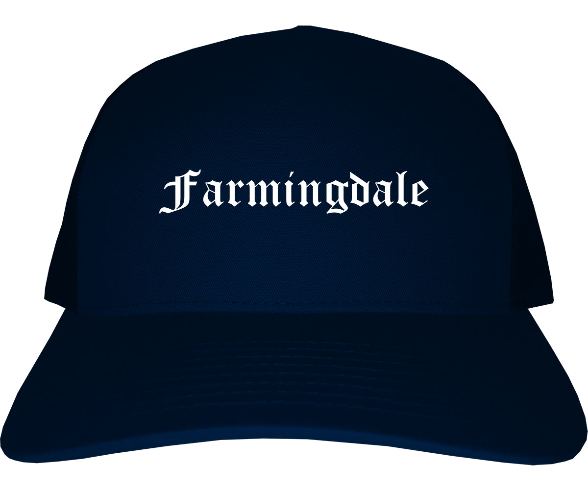 Farmingdale New York NY Old English Mens Trucker Hat Cap Navy Blue