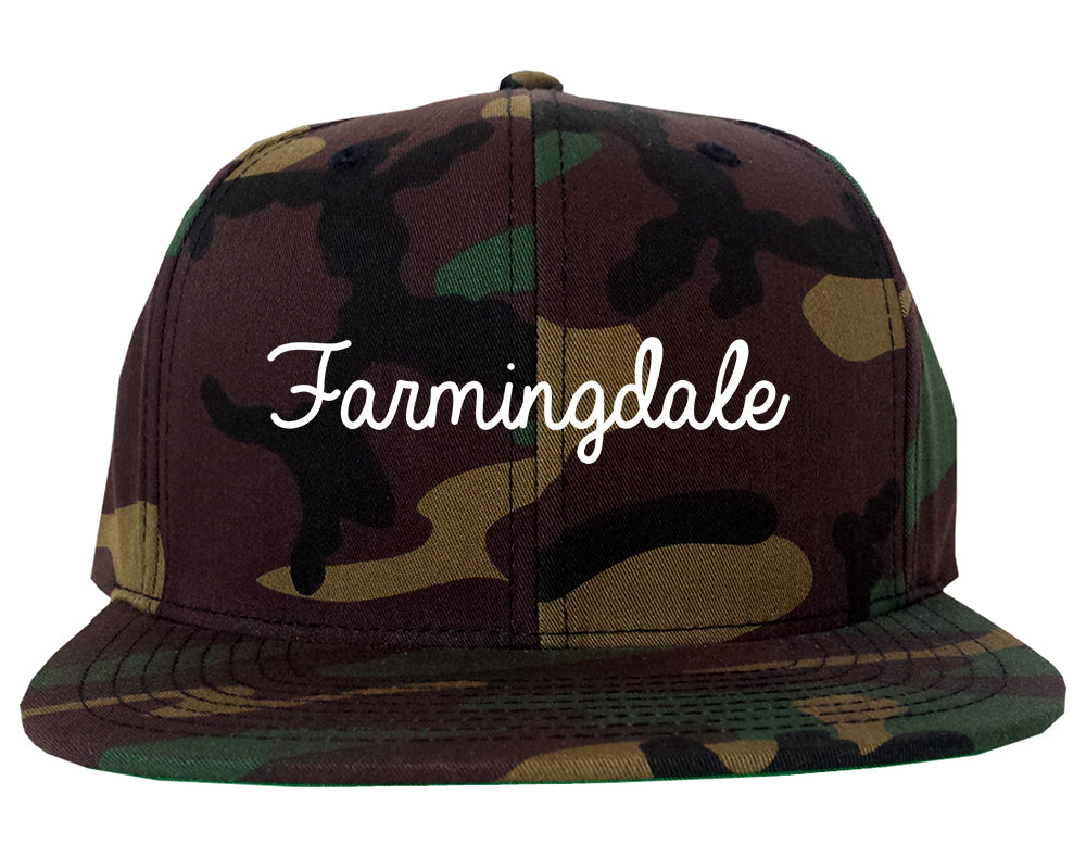 Farmingdale New York NY Script Mens Snapback Hat Army Camo