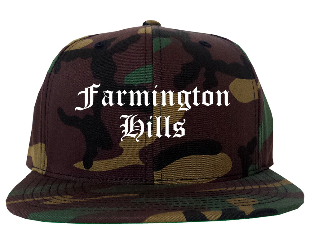 Farmington Hills Michigan MI Old English Mens Snapback Hat Army Camo