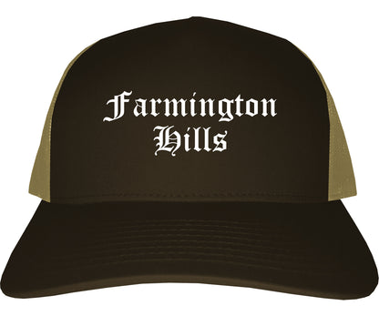 Farmington Hills Michigan MI Old English Mens Trucker Hat Cap Brown