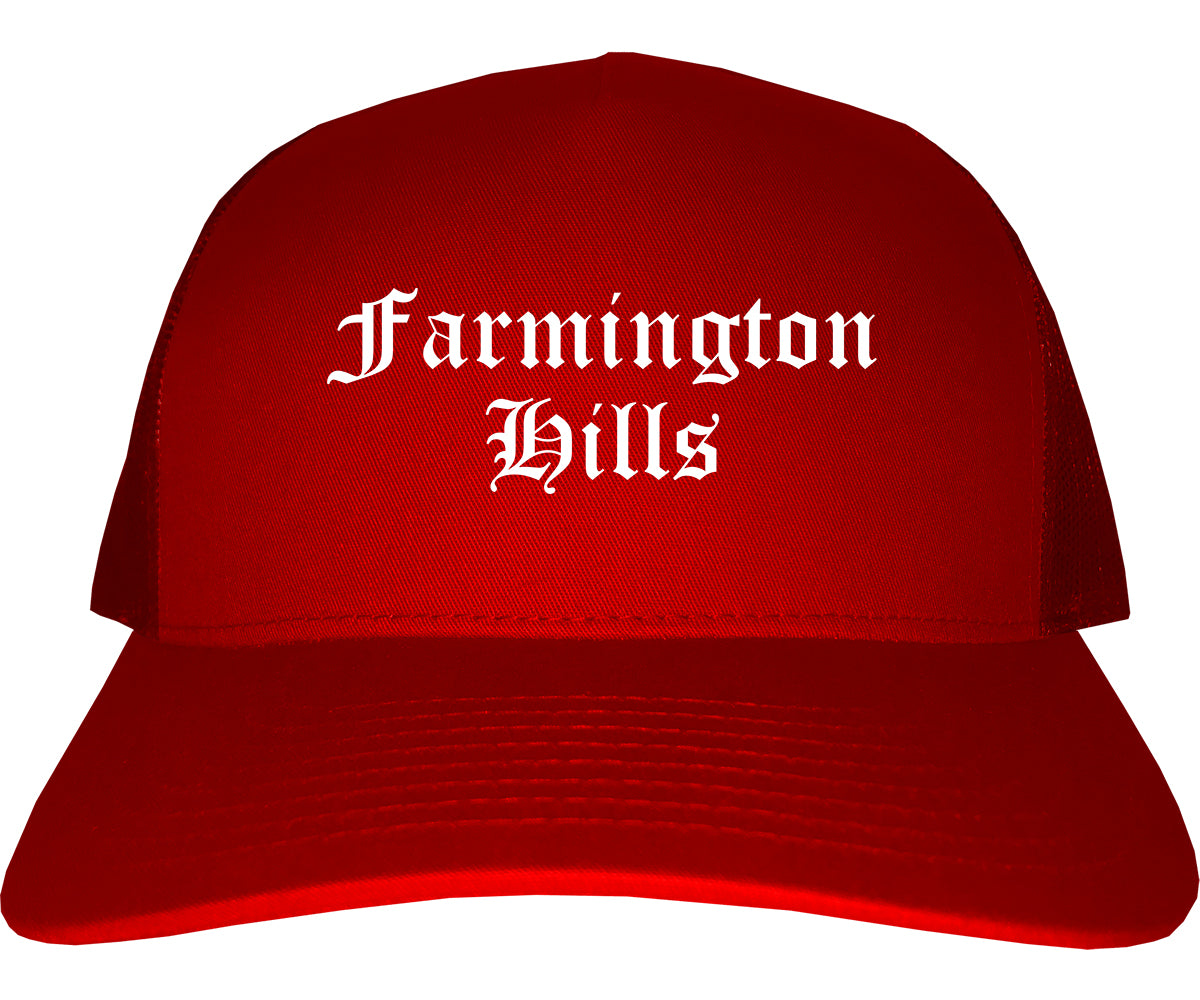 Farmington Hills Michigan MI Old English Mens Trucker Hat Cap Red