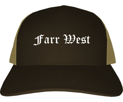 Farr West Utah UT Old English Mens Trucker Hat Cap Brown