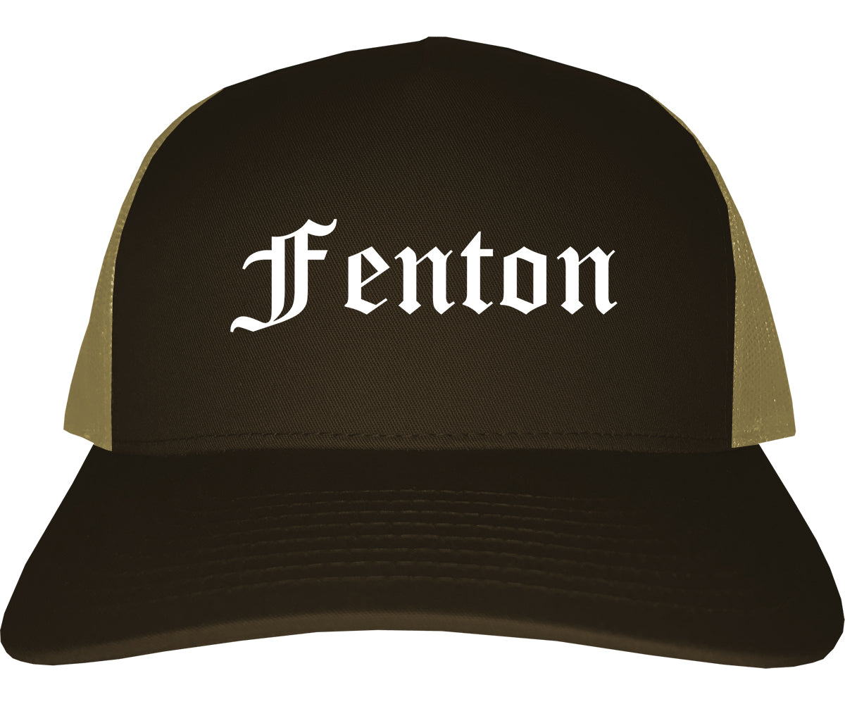 Fenton Michigan MI Old English Mens Trucker Hat Cap Brown