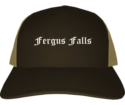 Fergus Falls Minnesota MN Old English Mens Trucker Hat Cap Brown