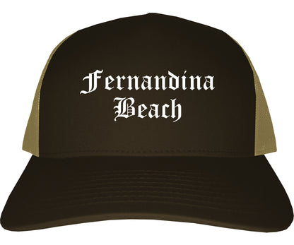 Fernandina Beach Florida FL Old English Mens Trucker Hat Cap Brown