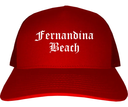 Fernandina Beach Florida FL Old English Mens Trucker Hat Cap Red