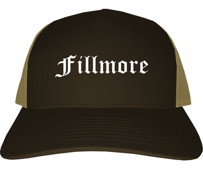 Fillmore California CA Old English Mens Trucker Hat Cap Brown
