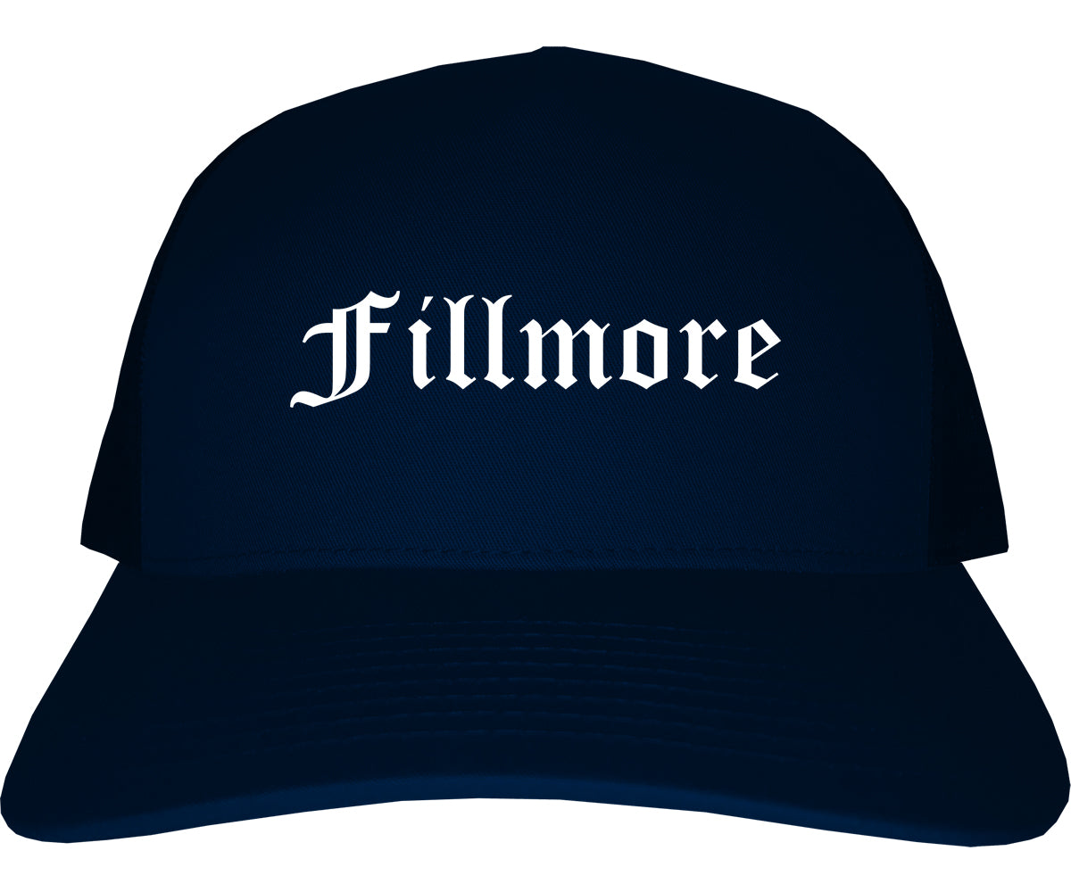 Fillmore California CA Old English Mens Trucker Hat Cap Navy Blue