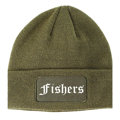 Fishers Indiana IN Old English Mens Knit Beanie Hat Cap Olive Green