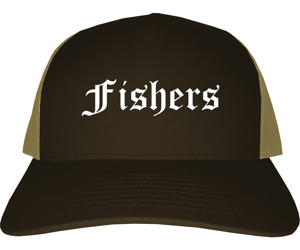 Fishers Indiana IN Old English Mens Trucker Hat Cap Brown