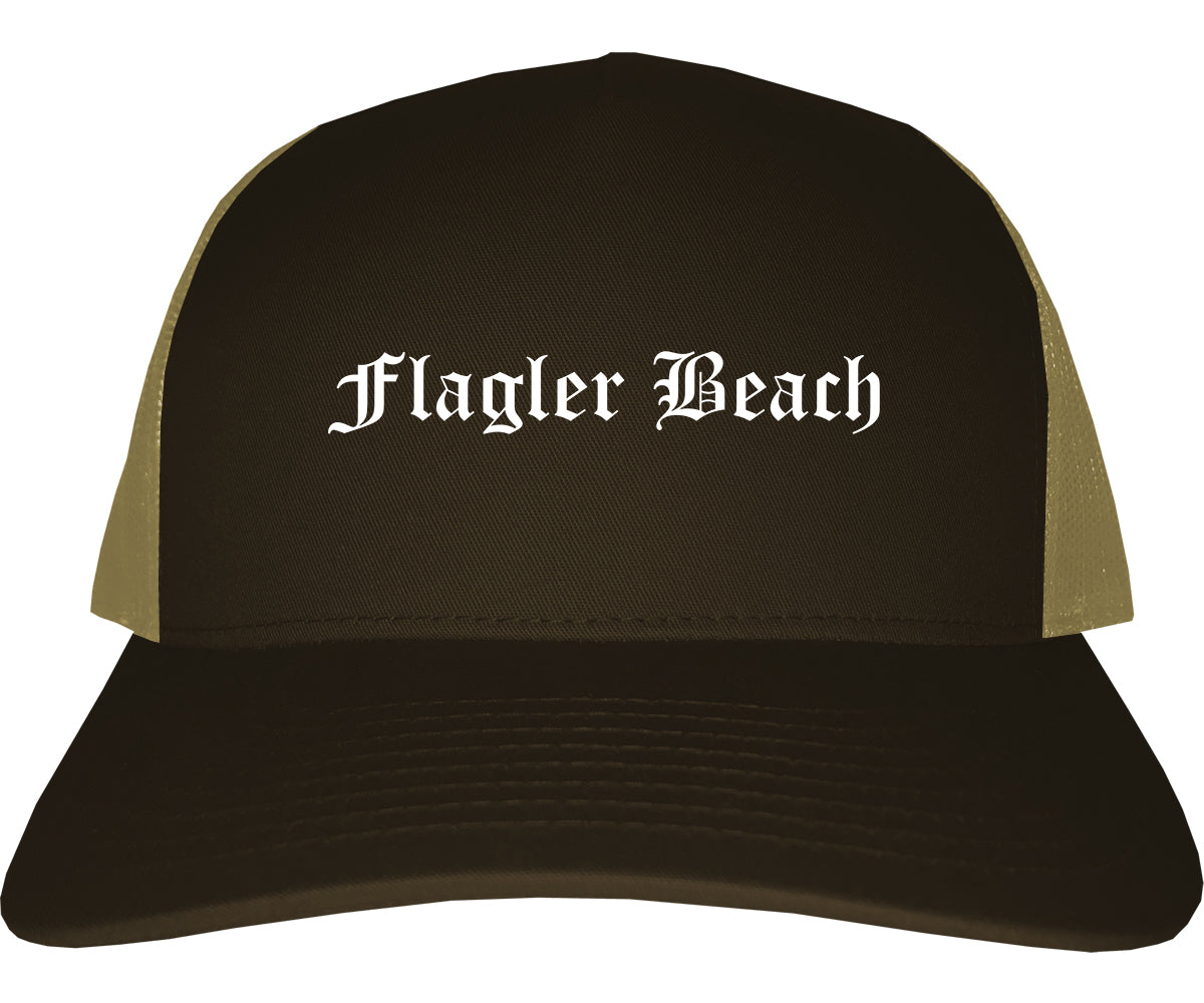 Flagler Beach Florida FL Old English Mens Trucker Hat Cap Brown