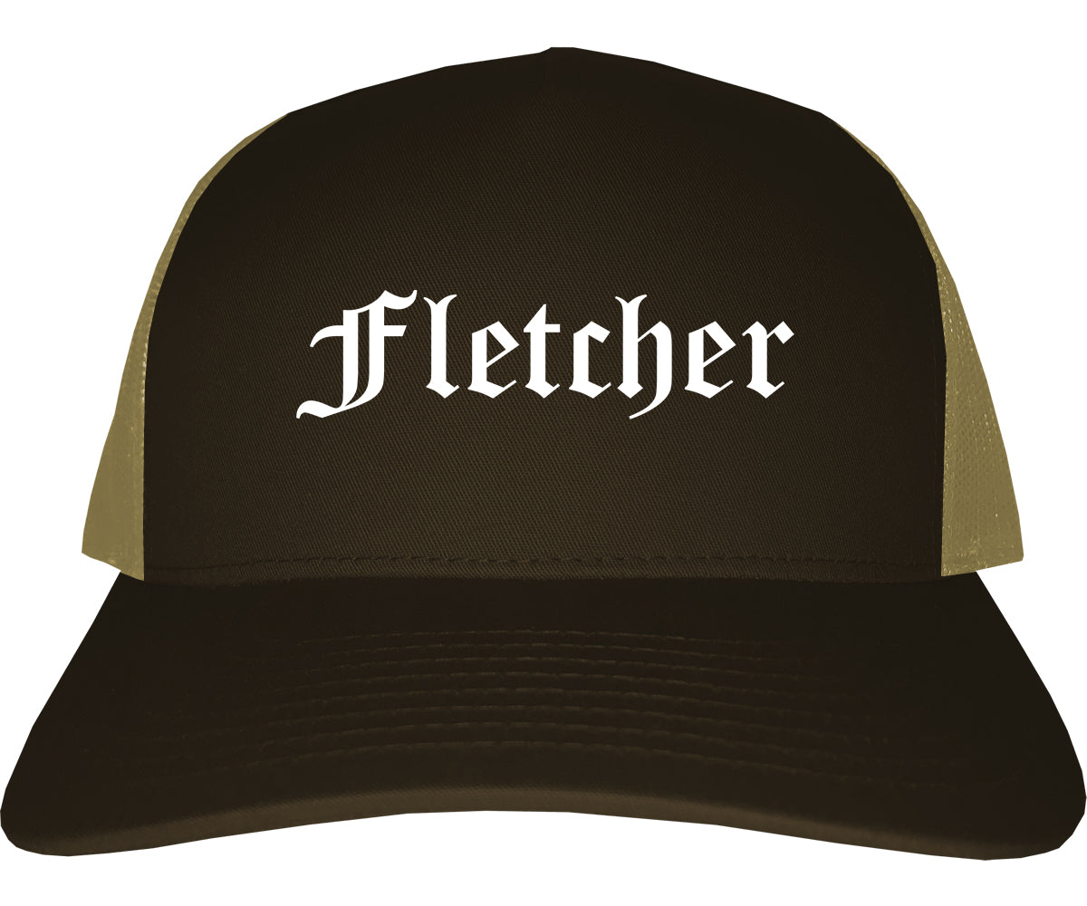 Fletcher North Carolina NC Old English Mens Trucker Hat Cap Brown