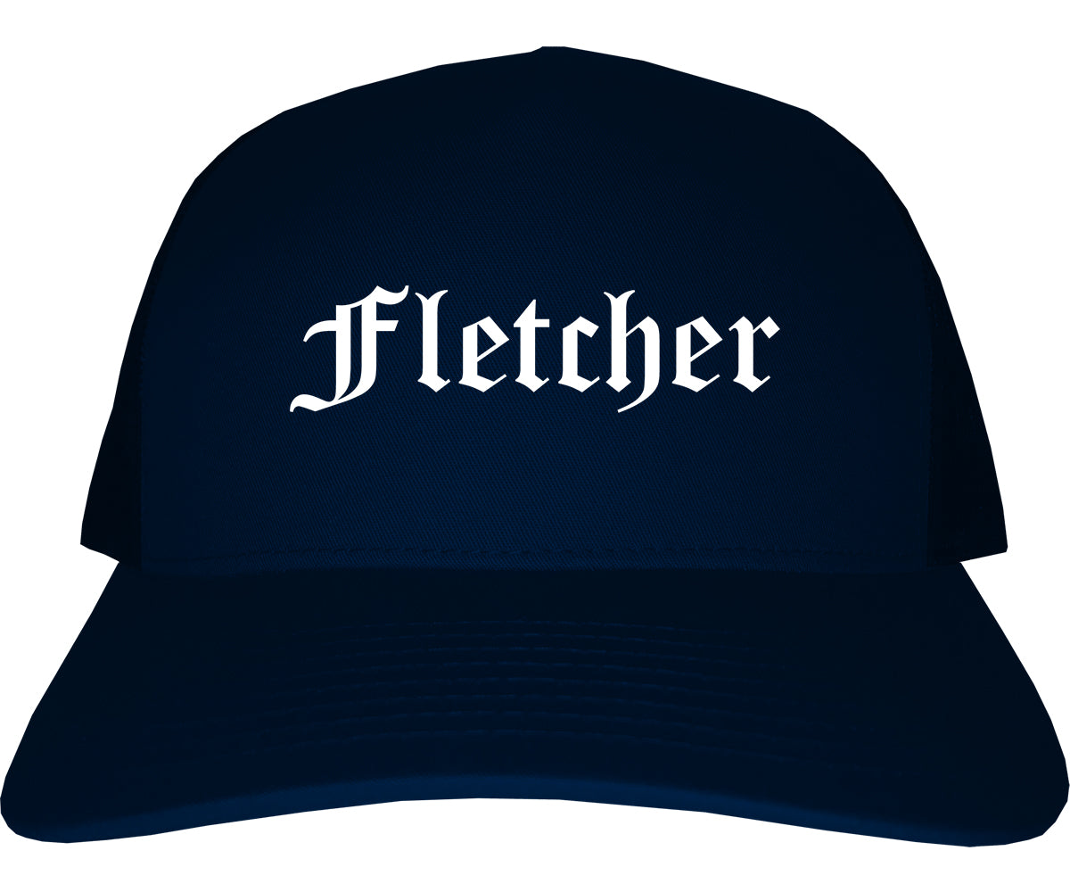 Fletcher North Carolina NC Old English Mens Trucker Hat Cap Navy Blue
