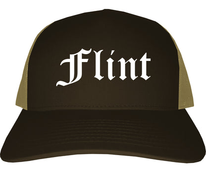 Flint Michigan MI Old English Mens Trucker Hat Cap Brown