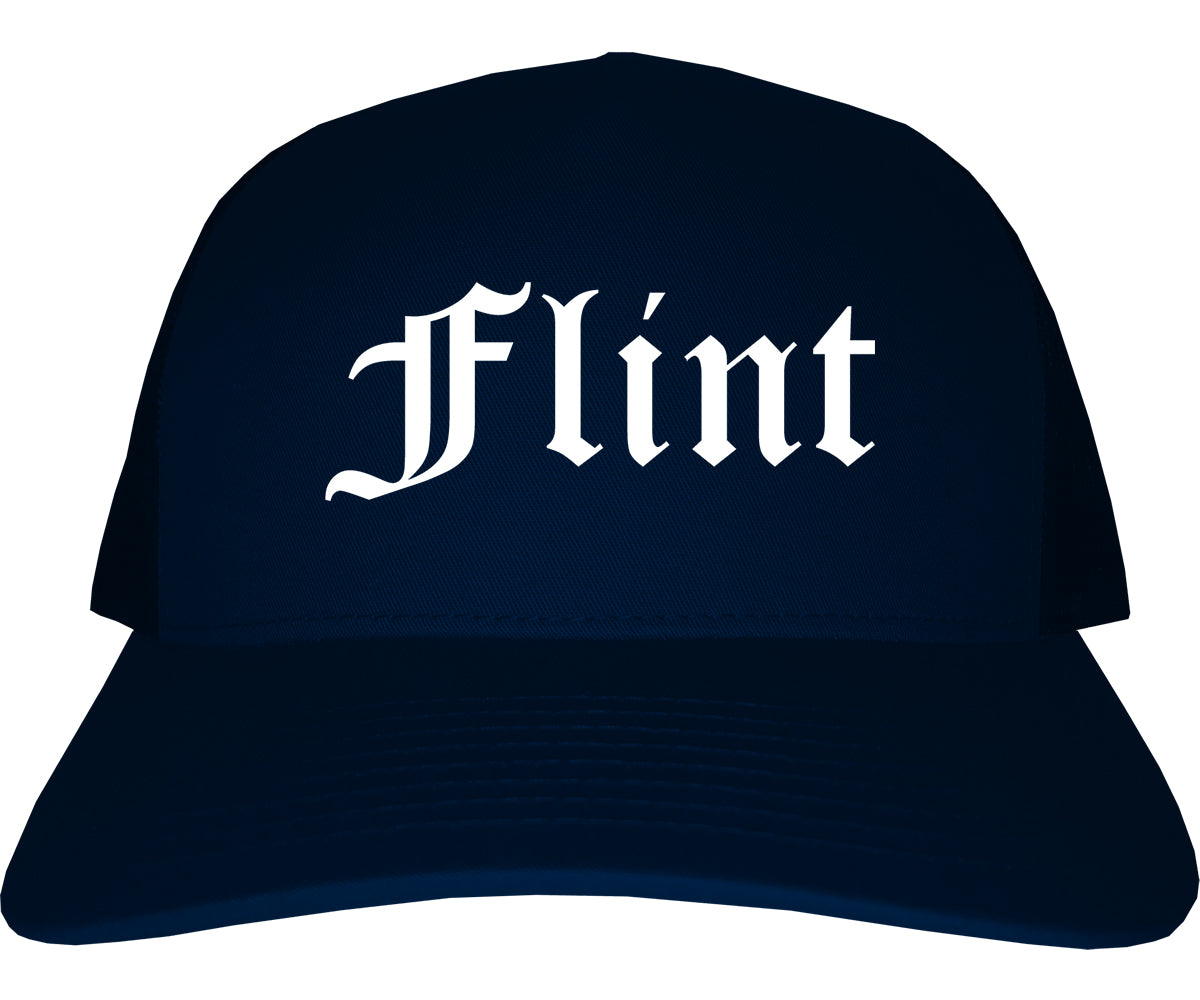 Flint Michigan MI Old English Mens Trucker Hat Cap Navy Blue