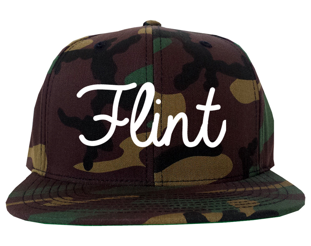 Flint Michigan MI Script Mens Snapback Hat Army Camo
