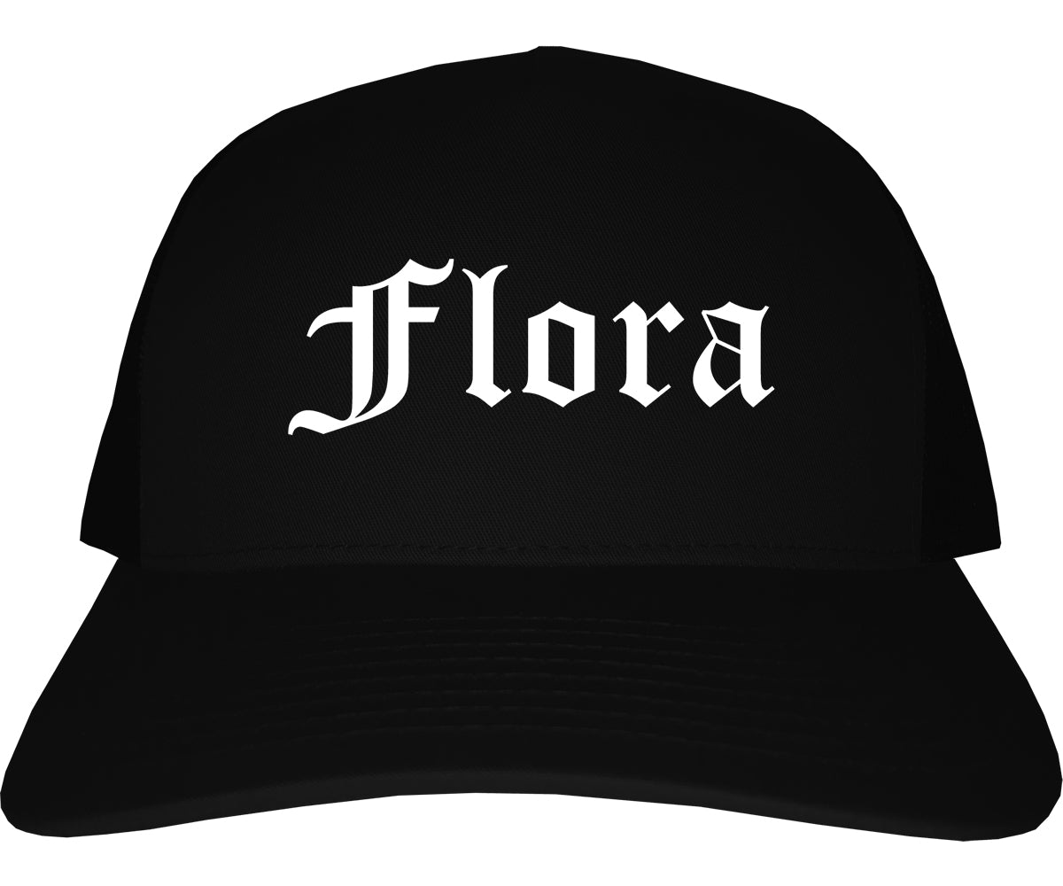 Flora Illinois IL Old English Mens Trucker Hat Cap Black