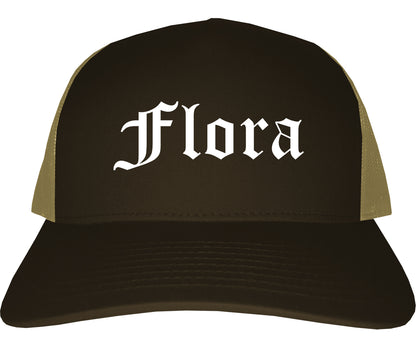 Flora Illinois IL Old English Mens Trucker Hat Cap Brown