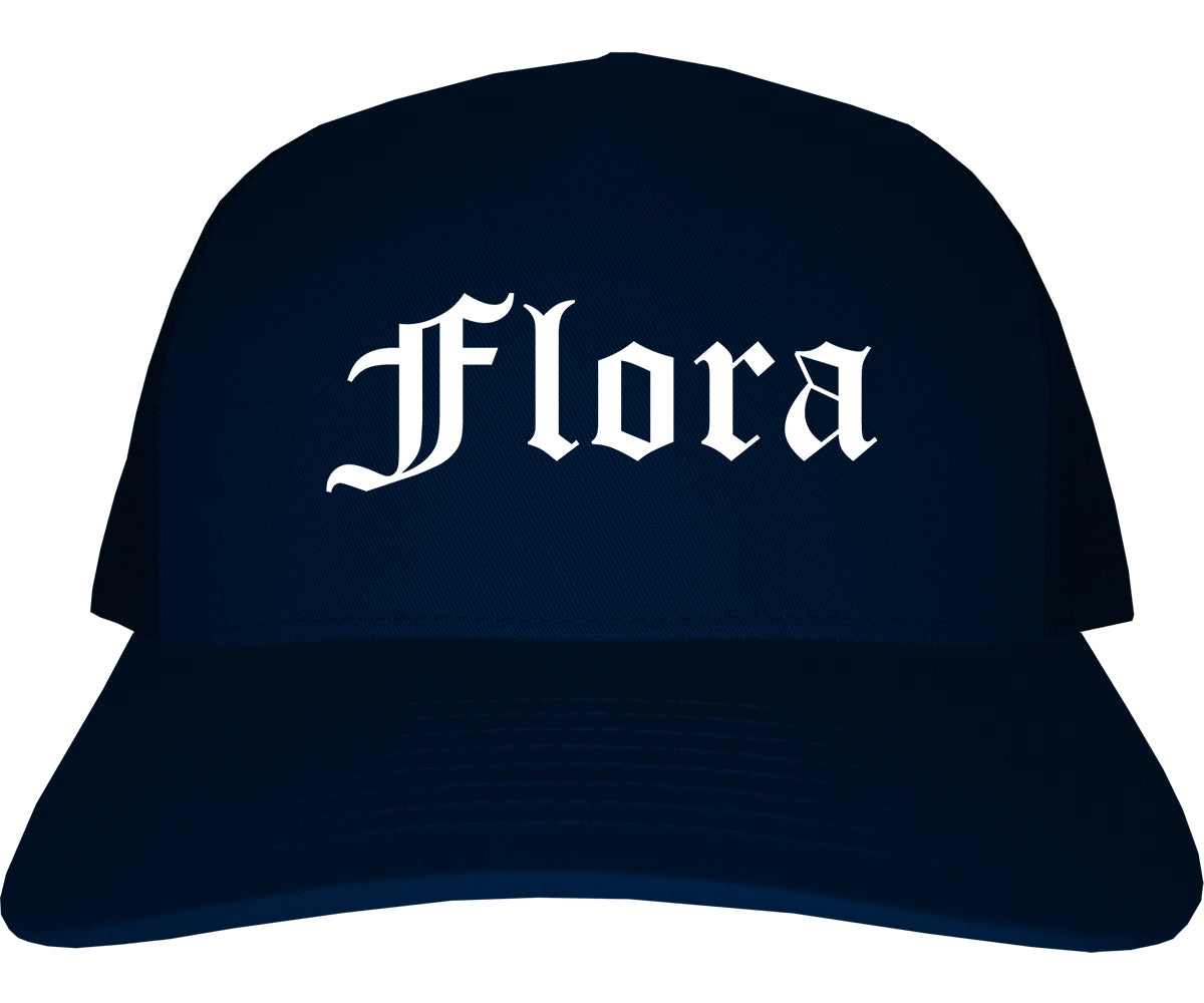 Flora Illinois IL Old English Mens Trucker Hat Cap Navy Blue