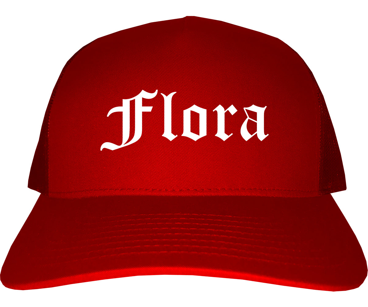 Flora Illinois IL Old English Mens Trucker Hat Cap Red