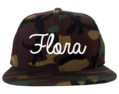 Flora Illinois IL Script Mens Snapback Hat Army Camo