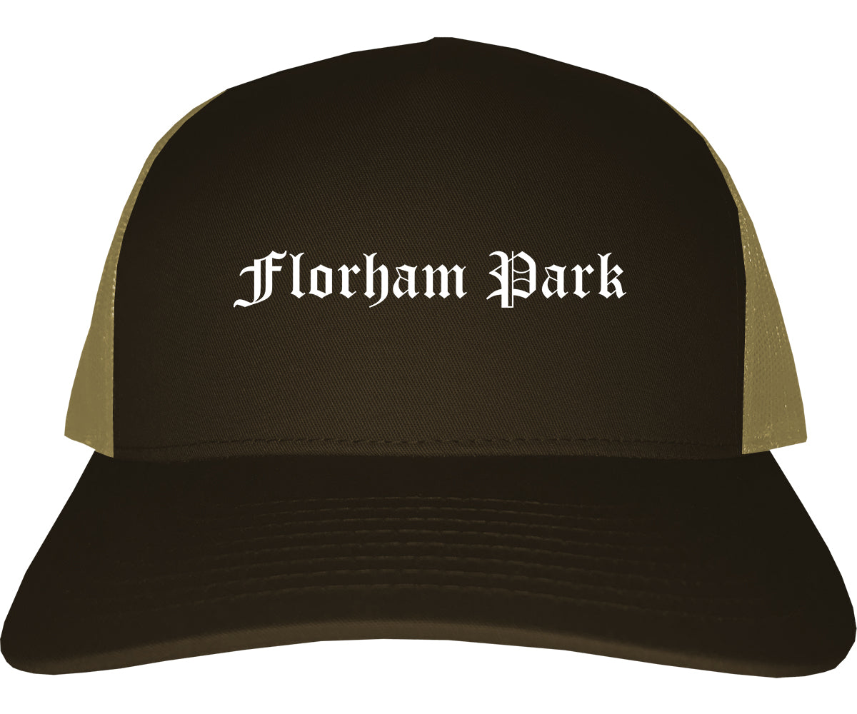 Florham Park New Jersey NJ Old English Mens Trucker Hat Cap Brown
